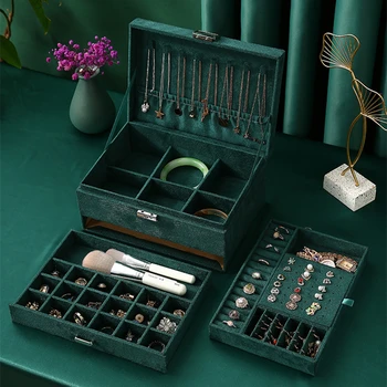 Mamy Nowy Zielony flanela Stud biżuteria organizator 3 warstwy Duży pierścień naszyjnik makijaż pokrowce aksamitne pudełko z zamkiem dla kobiet