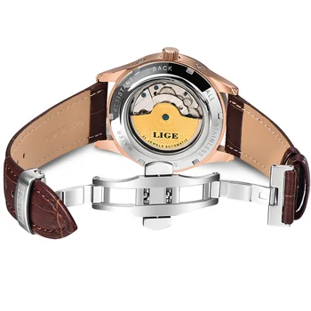 Marka LIGE męski zegarek automatyczny zegarek mechaniczny Tourbillon zegarki sportowe casual skórzane biznesowe zegarek Gold Relojes Hombre