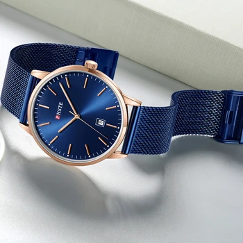 Marka PHSTE zegarek męski cienki zegarek kwarcowy zegarek dla mężczyzn japoński mechanizm podświetlona data wodoodporne cienkie niebieskie stalowe siatki męskie zegarek