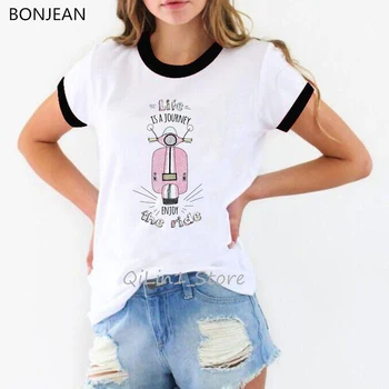 Moda Paryż w stylu lady siedzi na skuterze druku t-shirt kobiety akwarela wzór koszulki femme letni top damska odzież tumblr