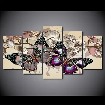 Modułowa HD drukowanie na płótnie zdjęcia, pokój dzienny ściany sztuki ramki 5 szt. kwiaty motyle wzory dekoracji wnętrz zwierząt plakaty