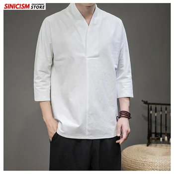MrGoldenBowl sklep jednolity kolor bawełny, bielizna Męska koszulka chiński styl człowiek casual biała bluzka topy 2020 lato koszula męska 5XL