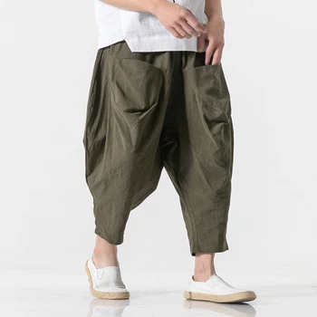 Męskie luźne spodnie duża krocze spodnie elastyczny pas, szarawary szerokie nogi mężczyzny Unsiex hip-hop, bawełniana linia sportowe spodnie plus size