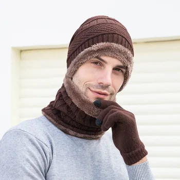 Męskie zimowe dzianiny czapki grube ciepłe zimowe czapki czapka narciarska szyjny fryzura z szalik rękawiczki