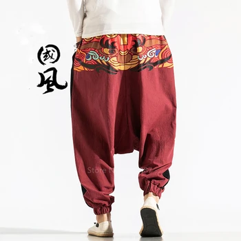 Mężczyźni Styl Japoński Ukiyo Print Samuraja Garnitur Spodnie Oddziału Vintage Spodnie Wolny Czas Wolny Elastyczna Modna Odzież Azjatycka