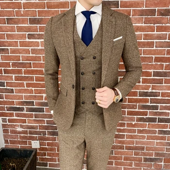 Najnowsze modele płaszcz spodnie brązowy garnitur tweed mężczyźni rocznika zimowe formalne ślubne garnitury dla mężczyzn męski klasyczny garnitur 3 sztuki męski garnitur