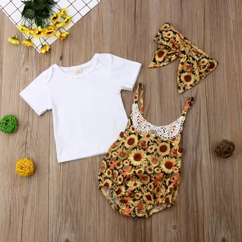 New Arrivels Baby Girls Sunflower Bodysuit Romper+opaska na głowę odzież 3szt zestaw ubrań dla niemowląt małych dzieci