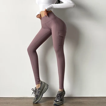 Nowe Żebrowane Tkaniny Wysoka Talia Fitness Sportowe Legginsy Kobiety Z Kieszeni Joga Spodnie Femme Butt-Lift Siłownia Jogging Szkolenia Wąskie Spodnie