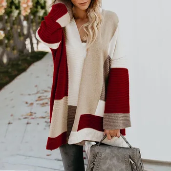 Nowy jesienno zimowy długi sweter kobiety geometryczny kolor zgodności luźny sweter z dzianiny kurtka damska swetry z długim rękawem