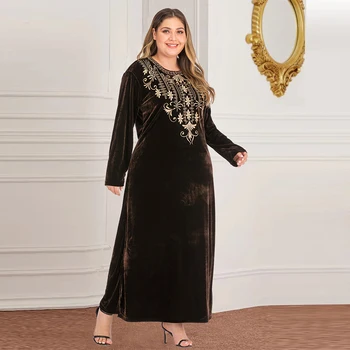 Nowy muzułmański strój Dubaj Turcja Islamski duży rozmiar damska arabska damska z długimi rękawami i okrągłym вышитое Złota aksamitna sukienka