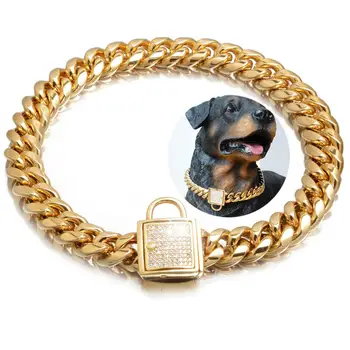 Obroża dla psa ze stali nierdzewnej złota obroża dla psów z płótna ściernego, pokrytego zamkiem luksusowy naszyjnik dla psów 14 mm kubańska łańcuch Materiały