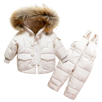 Odzież zimowa dla dzieci dla dziewczyn z kapturem ciepła kaczka dół kurtki żakiet + spodnie wodoodporny kombinezon odzież Dziecięca dla chłopców
