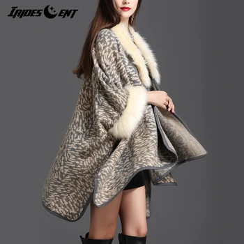 Plus Rozmiar Aksamitny Ciepły Sweter Zimowy Sztuczny Lisie Futro Meble Odzież Kobiety Peleryny Stałe Ponczo Futro Z Dzianiny Sweter Sweter