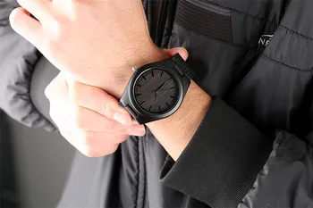 REDFIRE Murzynki Watch Męskie kwarcowy zegarek na rękę ze skóry naturalnej, klasyczne czarne codzienne drewniane zegarki męskie z naturalnego drewna, stylowe zegarki