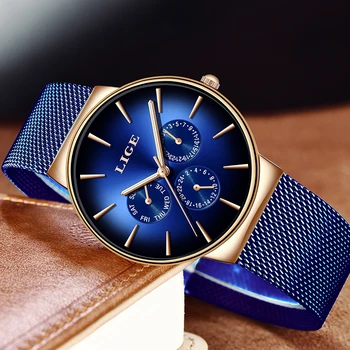 Relogio Masculino LIGE New Blue Clock męskie zegarki Top Brand Casual Luxury Mesh Belt ze stali nierdzewnej zegarek kwarcowy zegarek dla mężczyzn+pudełko