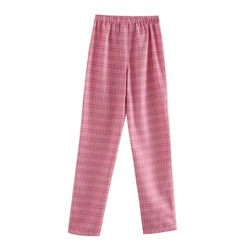Różowe w kratkę spodnie kobiety 2020 vintage stylowy elastyczny pas Anglia styl spodnie ins retro mujer pantalones