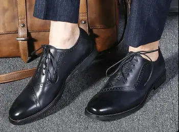 Ręcznie wysokie оксфорды buty męskie formalne Biznesowa buty zasznurować retro wygodne buty z naturalnej skóry dla mężczyzn