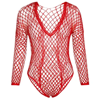 SEBOWEL Sexy Deep-V Lace Misie Lingerie Bodysuit Women Lattice Mesh Hollow Out Kabaretki Black/Red Body Suit Top