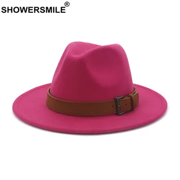 SHOWERSMILE hacki damska wełniana фетровая kapelusz z paskiem skórzanym pasem Panama Zima Jesień szerokie pola Jazz трилби męski sombrero czapka