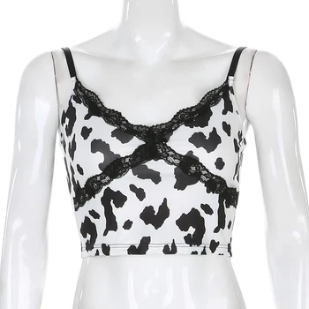 SUCHCUTE patchwork crop top damski krowa druku sexy bluzki dla kobiet lato 2020 gotycki gorset cami motyw vintage ropa mujer haut femme