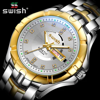 SWISH złoty zegarek mężczyźni luksusowej marki designer zegarek Kwarcowy zegarek moda męska Stalowe zegarki militarne zegarki data tydzień Relogio
