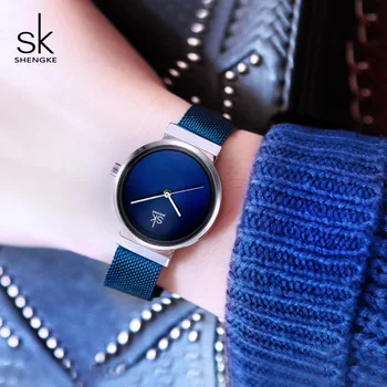 Shengke Luxury Stainless Steel Blue Watch Women Fashion kwarcowy zegarek Reloj Mujer 2018 SK damskie zegarek prezent Świąteczny K0083