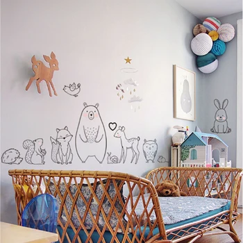 Skandynawski kreskówka zwierząt naklejka ścienna nieśmiały niedźwiedź lis dziecko plac zabaw dla dzieci kreatywne klej naklejki dekoracje domu na żywo