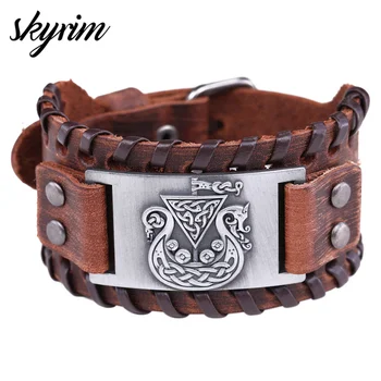 Skyrim irlandzki zespół symbol bransoletki Viking bransoletki Dragon Amulet ręcznie szeroki, Pleciony pasek ze skóry naturalnej męskie biżuteria