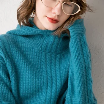 Smpevrg zima gęstnieje wełniany sweter damski sweter z długim rękawem z kapturem damska casual sweter damski sweter z Dzianiny swetry