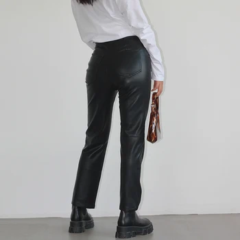 Spodnie damskie czarne spodnie ze sztucznej skóry PU ołówek spodnie meble Sexy moda elegancki Wysoka Talia proste spodnie Damskie