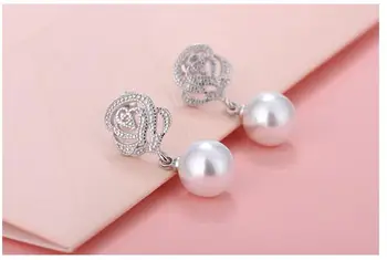 Srebro próby 925 10 mm okrągłe perły kwiat róża kolczyki drop dla kobiet moda partii akcesoria biżuteria eh279