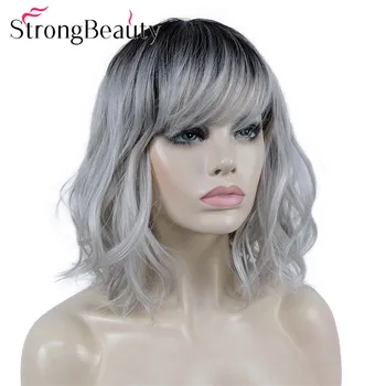 StrongBeauty falowane peruki z grzywką średniej długości siwe włosy z ciemnymi korzeniami premium syntetycznych żaroodporne Wowen peruka