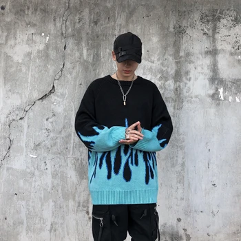 Sweter męski sweter hip-hop ulica odzież Harajuku retro płomień wzór elastan O-neck oversize odzież Męska para męskich swetrów