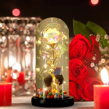 Sztuczna wieczna Róża z podświetleniem led Beauty The Beast Rose In Glass Christmas Home Decor For Valentines Day Christmas Gifts