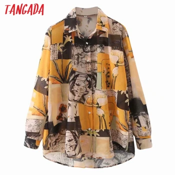 Tangada Women oversize Vintage Print Chiffon Shirt bluzka z długim rękawem Chic Female Casual Shirt Lady Tops ME05