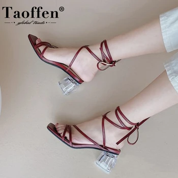 Taoffen New Design Size 34-43 Woman Sandals Real Leather Crystal Women Summer Shoes Fashion Party Shoes Woman Shoes