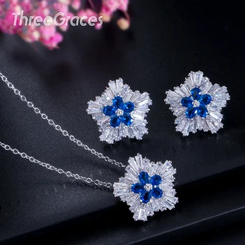 ThreeGraces szlachetny niebieski royal cyrkonia duża gwiazda kwiat wisiorek naszyjnik kolczyki dla amerykańskich kobiet zestawy biżuterii JS132