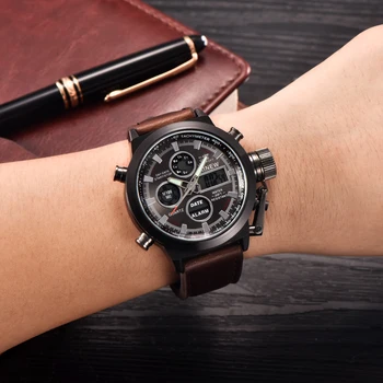 Top Brand Luxury Men Chronograph Digital LED zegarek Kwarcowy zegarki sportowe na świeżym powietrzu wojskowe Relogio Masculino zegarek ze skórzanym paskiem