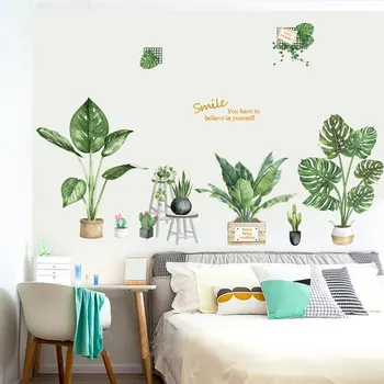 Twórczy duży zielony liść naklejki na ścianę świeże rośliny doniczkowe Wystrój Domu do sypialni Europa styl dekoracji sali uśmiech tapety