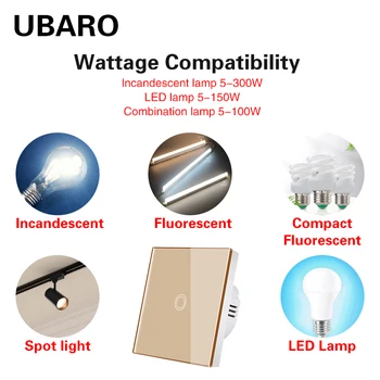 UBARO EU/UK Luxury Tempered Crystal Glass Panel Light Wall Led Touch Switch Blacklight Interruptor par Luz AC100-240V 1 Gang