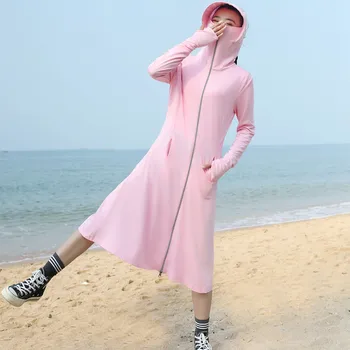 UHYTGF fashion outdoor thin sun protection womens clothing Anti-UV Oddychającym summer jacket hooded ice silk long beach coats 863
