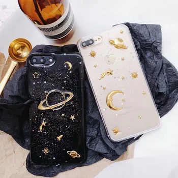Universe Moon sky Case for iPhone X 8 7 Plus 6 6s 6 plus Soft TPU Glitter Flash Powder Star Cover Phone Back Fundas Coque Brand
