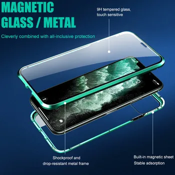 Urządzony w luksusowym 360 metal magnetyczny pokrowiec dla telefonu IPhone 12 11 Pro X XR XS Max podwójna szklana osłona dla IPhone 6 7 8 Plus klapka etui