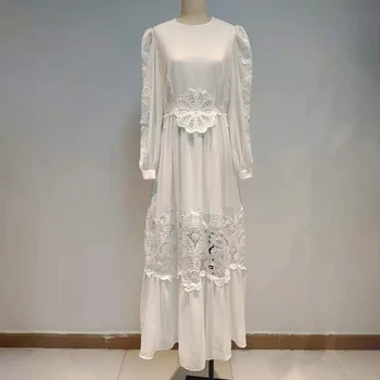 VGH patchwork koronkowa biała sukienka dla kobiet O neck lampa rękaw Wysoka Talia haft sukienki odzież damska odzież nowa 2020