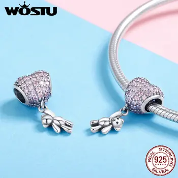 WOSTU Real 925 srebrny Niedźwiedź i balon koraliki pasują bransoletka i naszyjnik wisiorek piękny urodziny biżuteria prezent CQC1054