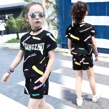 Weixu dres dla dziewczyn letnie dzieci graffiti koszulka spodenki 2 szt. komplet ubranie dzieci w strój sportowy odzież dla dziewczynek 10 lat