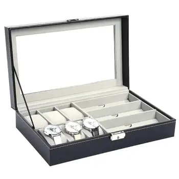 Wielofunkcyjny wyświetlacz zegara pudełko do przechowywania okulary organizator zegarki okulary pudełko uchwyt czarny wyświetlacz biżuteria pole biżuteria