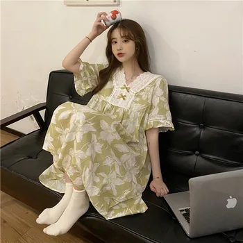 Wiosenno - letnie bawełniane piżamy japoński i koreański styl luźna codzienne kwiatowy szwu Koronki bowknot piżamy garnitur odzież do spania
