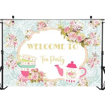 Witamy na tea party tło Różowe róże kwiaty lub herbaty filiżanka zdjęcia w tle deser udekorować stół rekwizyty zdjęcia tła