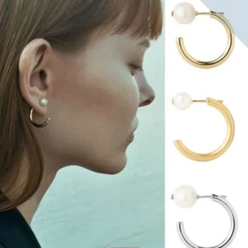 Wymienny perły połowa hoop kolczyki dla kobiet stal nierdzewna pozłacana minimalistyczny C hoop kolczyki moda koreański styl